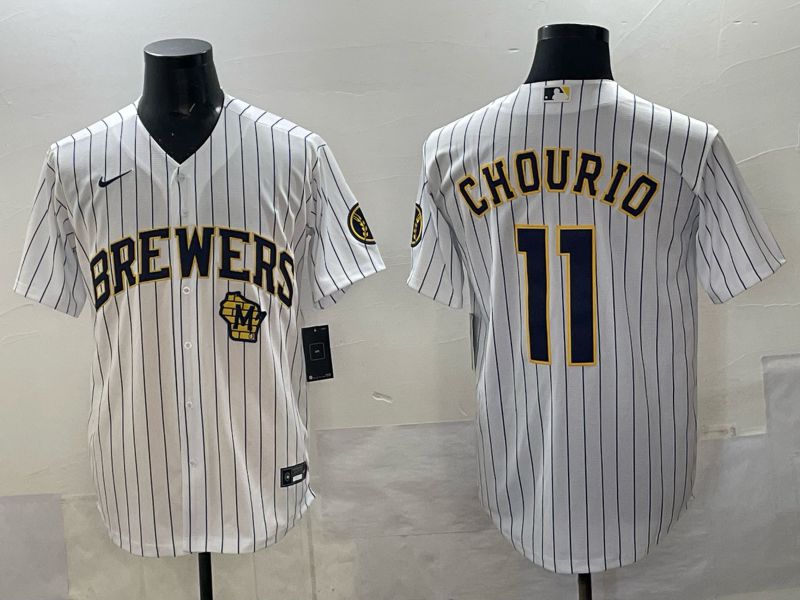 Men Milwaukee Brewers #11 Chourio White Stripe Nike MLB 2025 Jersey 05